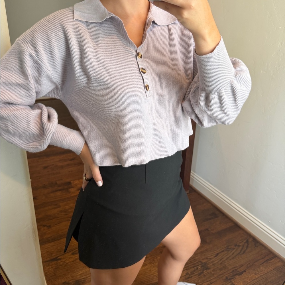 Cropped Polo Knit Sweater in Light Lavender